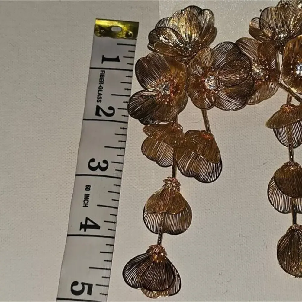 Natasha Gold Floral Drop Earrings Crystal Mesh Flower‎ Statement Chandelier 4.5